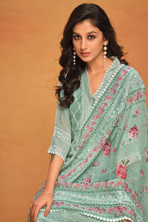 Sea Green Floral Embroidered Viscose Kurti Pant Set