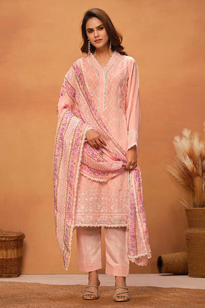 Peach Floral Embroidered Viscose Kurti Pant Set