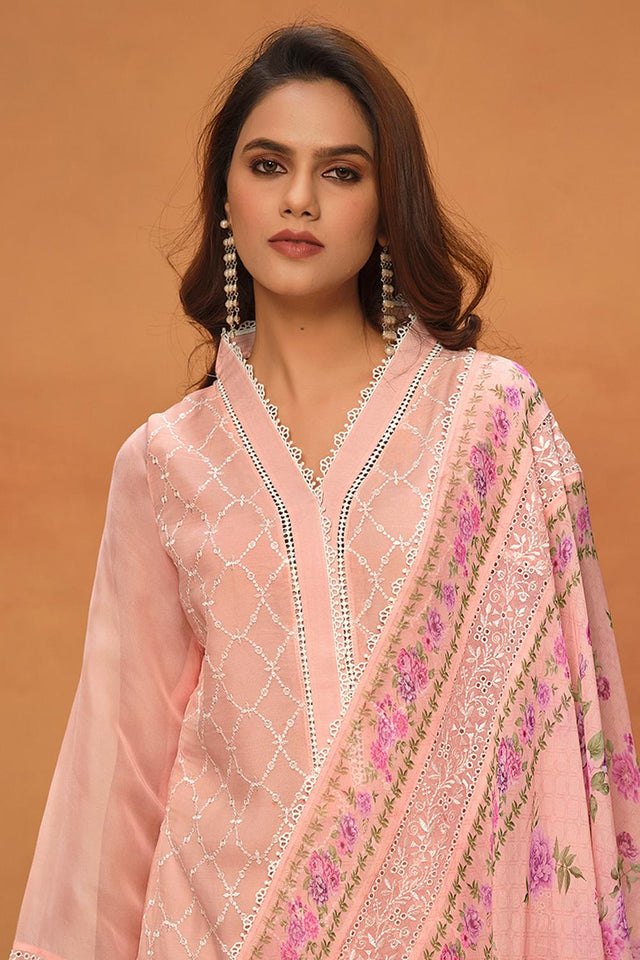 Peach Floral Embroidered Viscose Kurti Pant Set