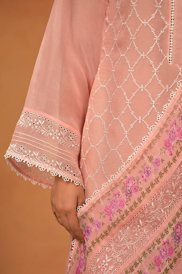 Peach Floral Embroidered Viscose Kurti Pant Set