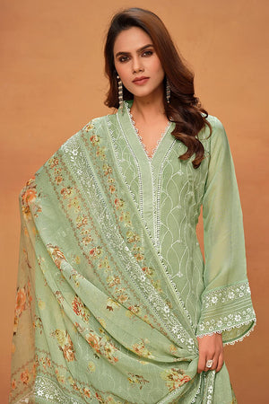 Sea Green Floral Embroidered Viscose Kurti Pant Set