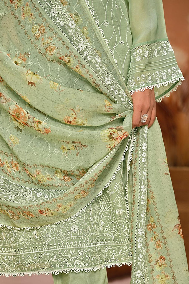 Sea Green Floral Embroidered Viscose Kurti Pant Set