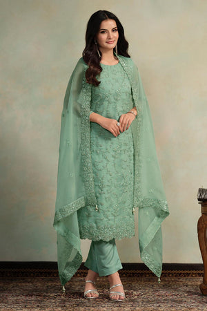 Green Floral Embroidered Organza Kurti Pant Set