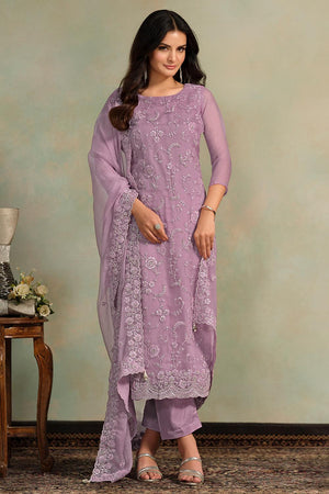 Lavender Floral Embroidered Organza Kurti Pant Set