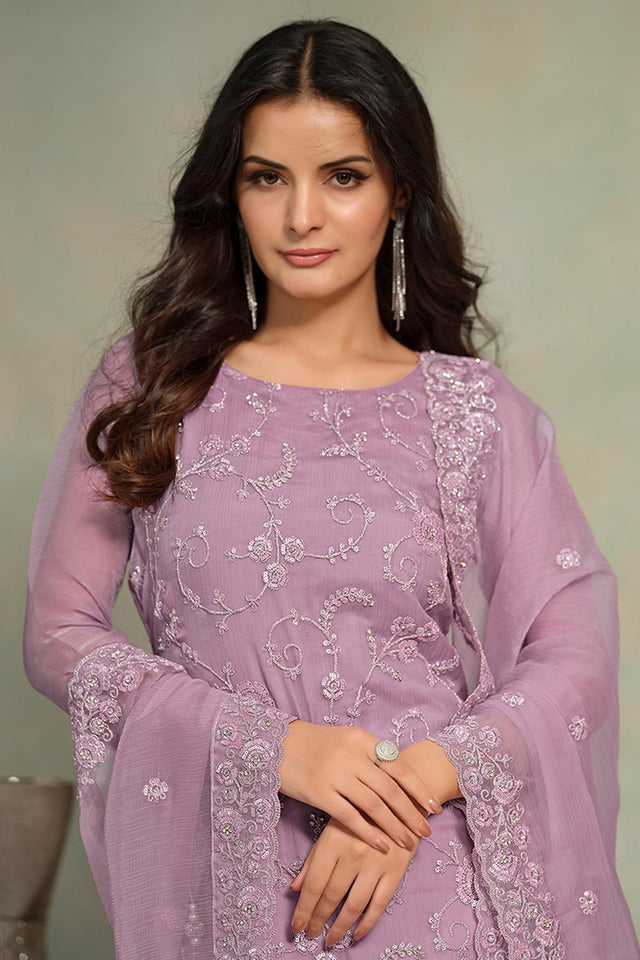 Lavender Floral Embroidered Organza Kurti Pant Set