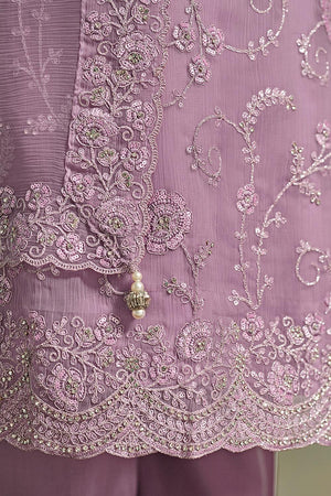 Lavender Floral Embroidered Organza Kurti Pant Set