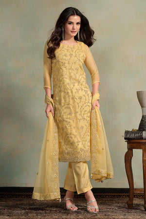 Yellow Floral Embroidered Organza Kurti Pant Set