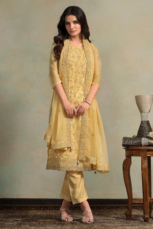 Yellow Floral Embroidered Organza Kurti Pant Set