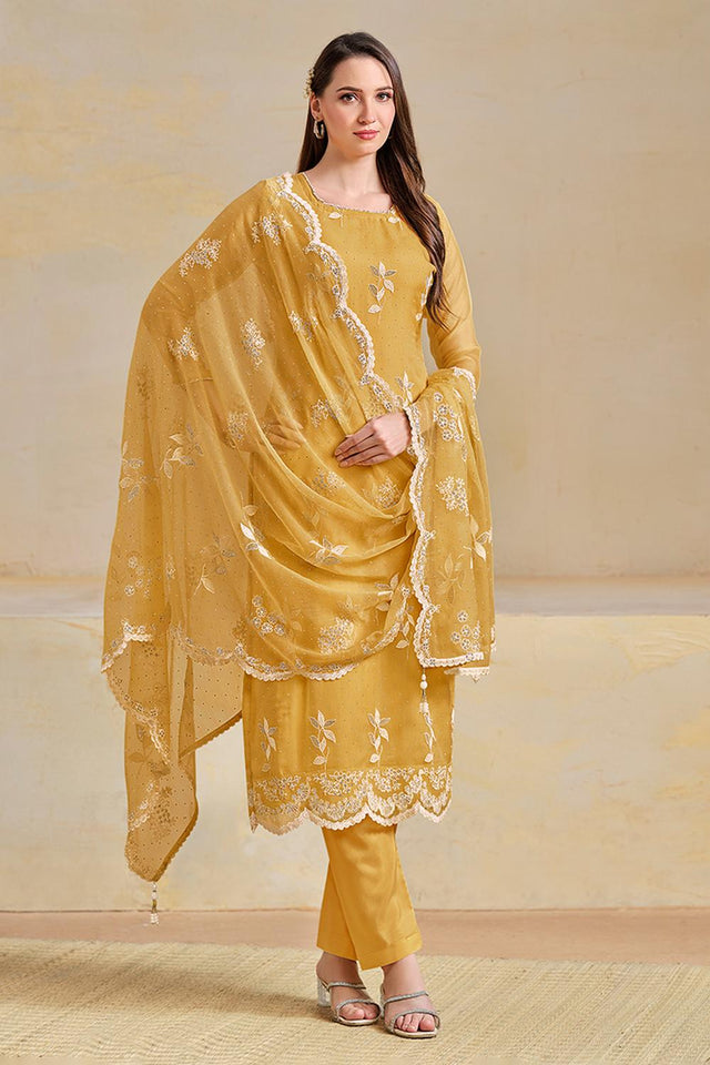 Yellow Floral Embroidered Organza Kurti Pant Set