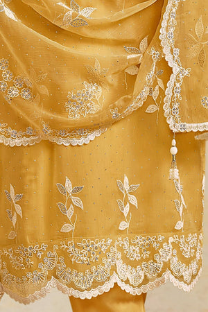 Yellow Floral Embroidered Organza Kurti Pant Set