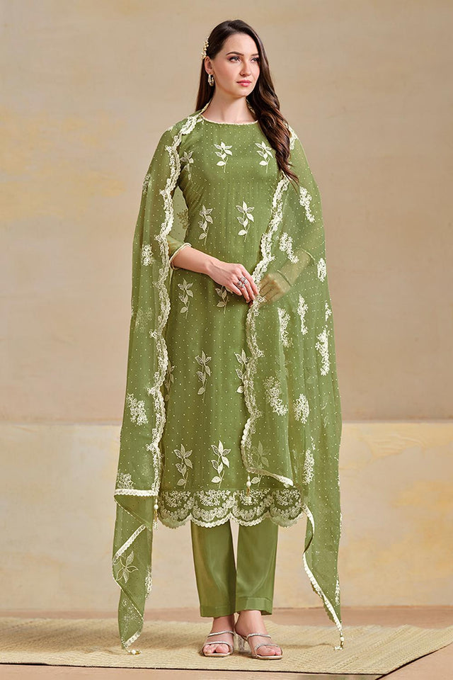 Green Floral Embroidered Organza Kurti Pant Set