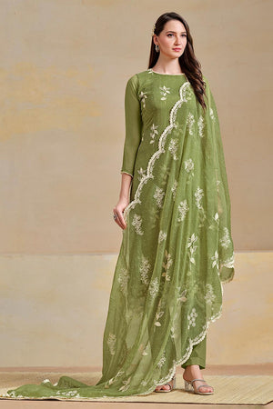 Green Floral Embroidered Organza Kurti Pant Set