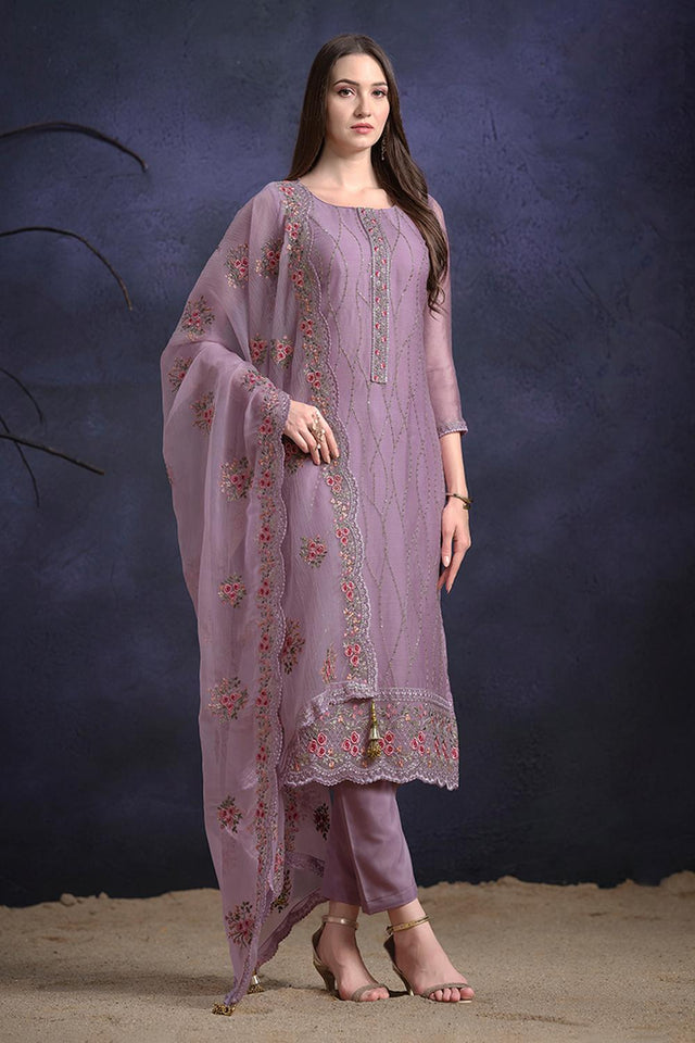 Purple Floral Embroidered Organza Kurti Pant Set