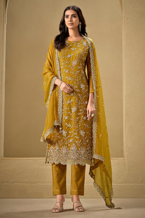 Mustard Floral Embroidered Organza Kurti Pant Set