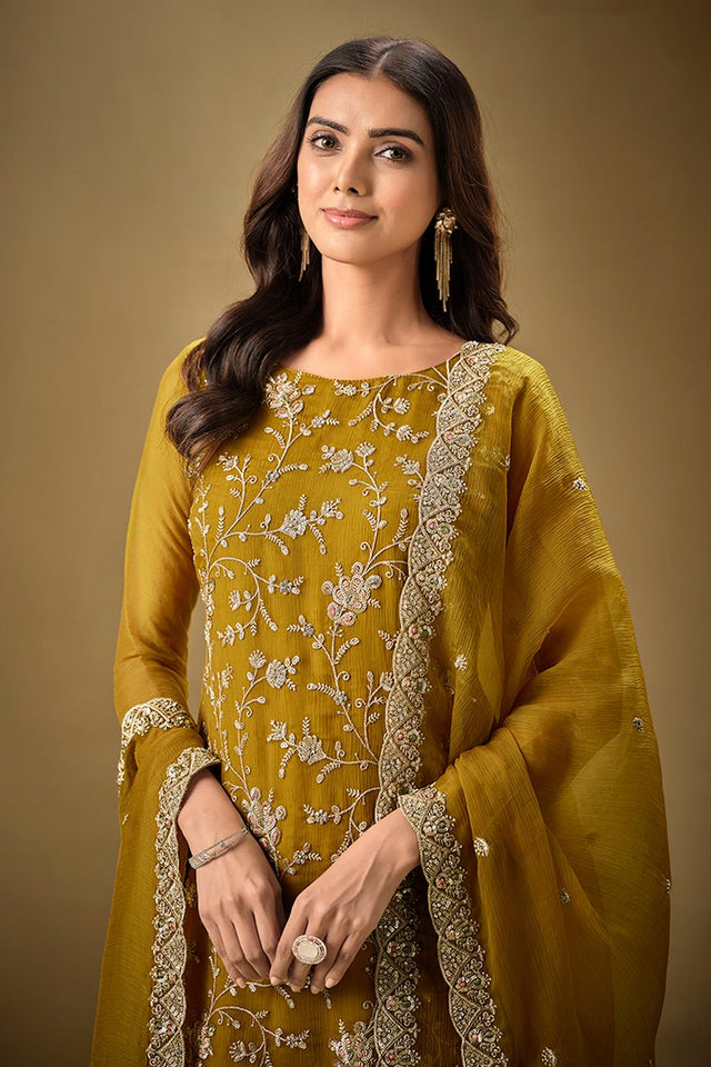 Mustard Floral Embroidered Organza Kurti Pant Set