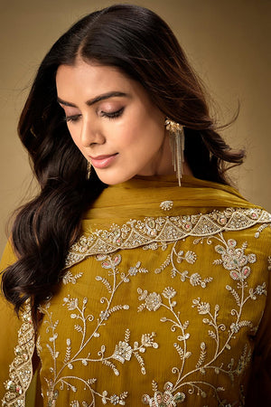 Mustard Floral Embroidered Organza Kurti Pant Set