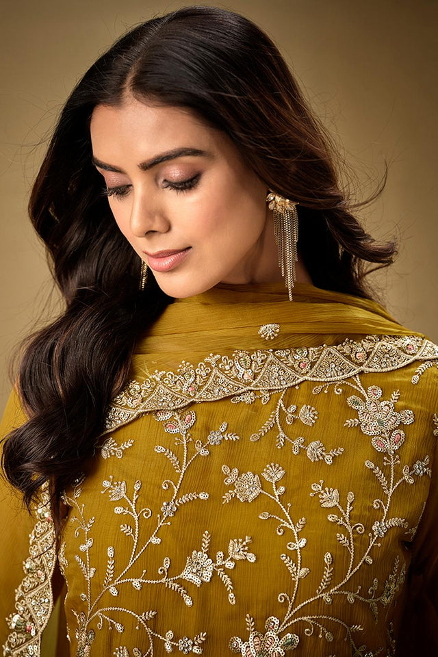 Mustard Floral Embroidered Organza Kurti Pant Set