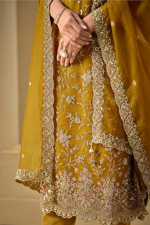 Mustard Floral Embroidered Organza Kurti Pant Set