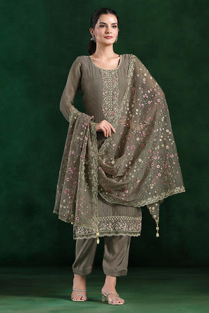 Grey Floral Embroidered Organza Kurti Pant Set