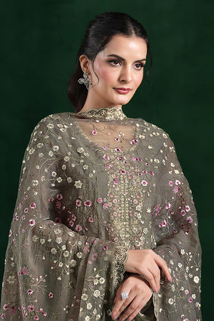 Grey Floral Embroidered Organza Kurti Pant Set