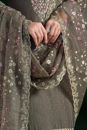 Grey Floral Embroidered Organza Kurti Pant Set