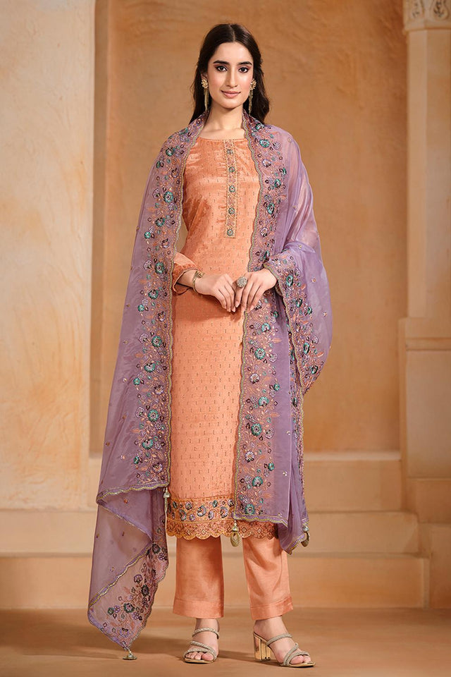 Peach Floral Embroidered Chiffon Kurti Pant Set