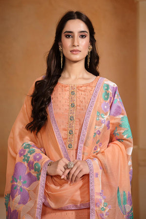 Peach Floral Embroidered Chiffon Kurti Pant Set