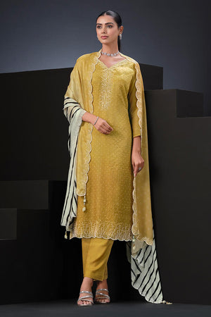 Yellow Floral Embroidered Satin Kurti Pant Set