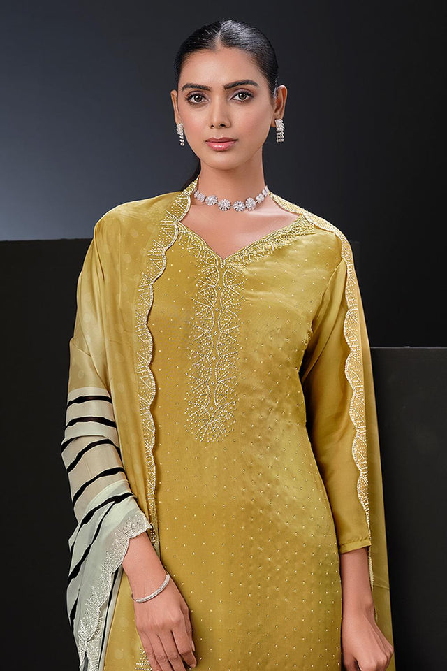 Yellow Floral Embroidered Satin Kurti Pant Set