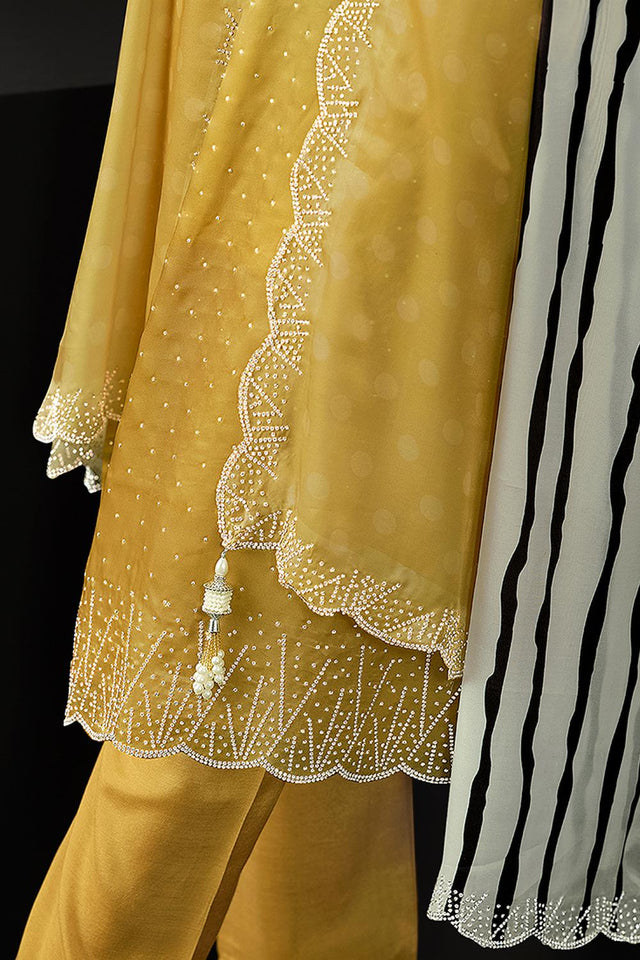 Yellow Floral Embroidered Satin Kurti Pant Set