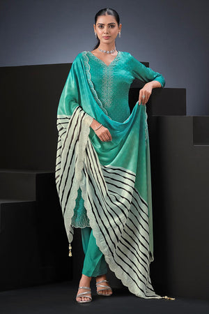 Sea Green Floral Embroidered Satin Kurti Pant Set