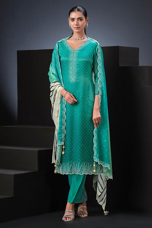Sea Green Floral Embroidered Satin Kurti Pant Set