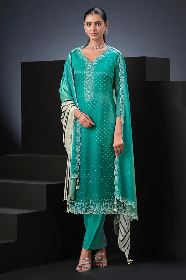 Sea Green Floral Embroidered Satin Kurti Pant Set