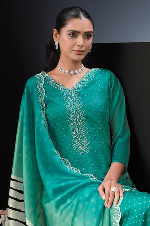 Sea Green Floral Embroidered Satin Kurti Pant Set