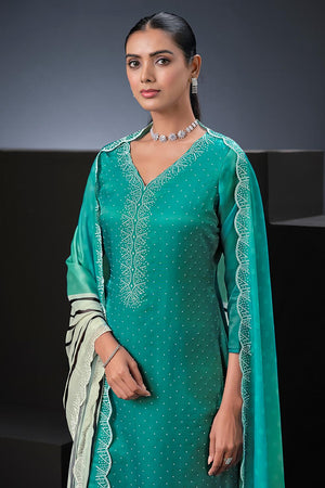 Sea Green Floral Embroidered Satin Kurti Pant Set