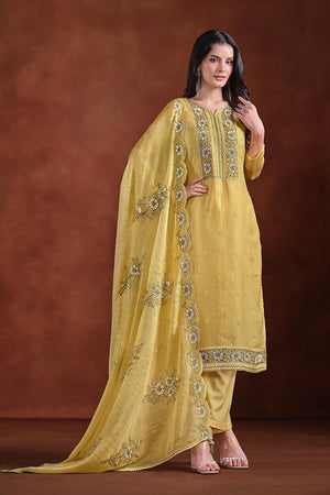 Yellow Floral Embroidered Organza Kurti Pant Set
