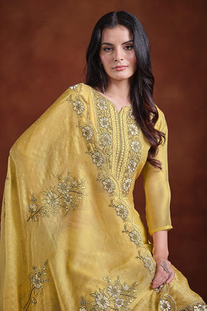 Yellow Floral Embroidered Organza Kurti Pant Set