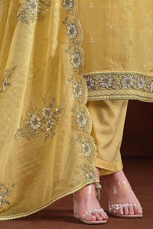 Yellow Floral Embroidered Organza Kurti Pant Set