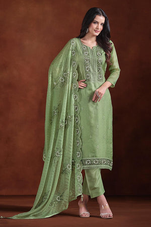 Green Floral Embroidered Organza Kurti Pant Set