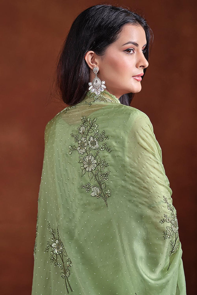 Green Floral Embroidered Organza Kurti Pant Set