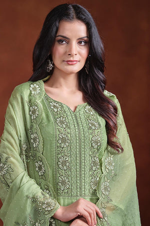Green Floral Embroidered Organza Kurti Pant Set
