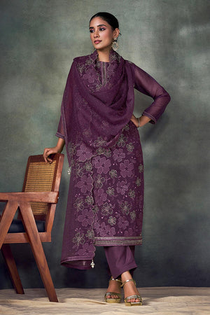 Purple Floral Embroidered Chiffon Kurti Pant Set
