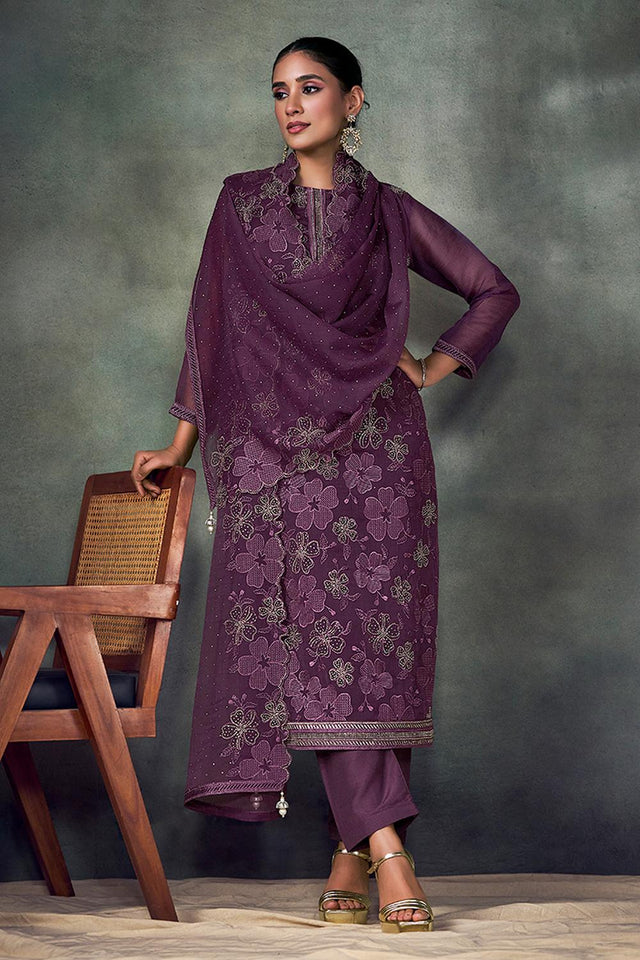 Purple Floral Embroidered Chiffon Kurti Pant Set