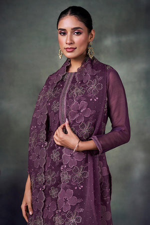 Purple Floral Embroidered Chiffon Kurti Pant Set