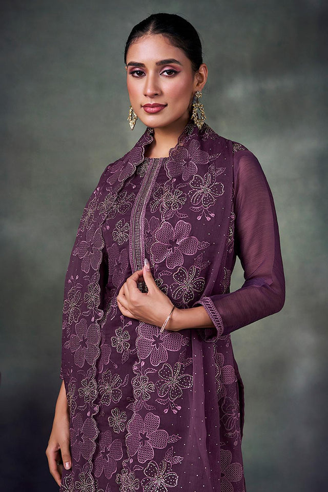 Purple Floral Embroidered Chiffon Kurti Pant Set