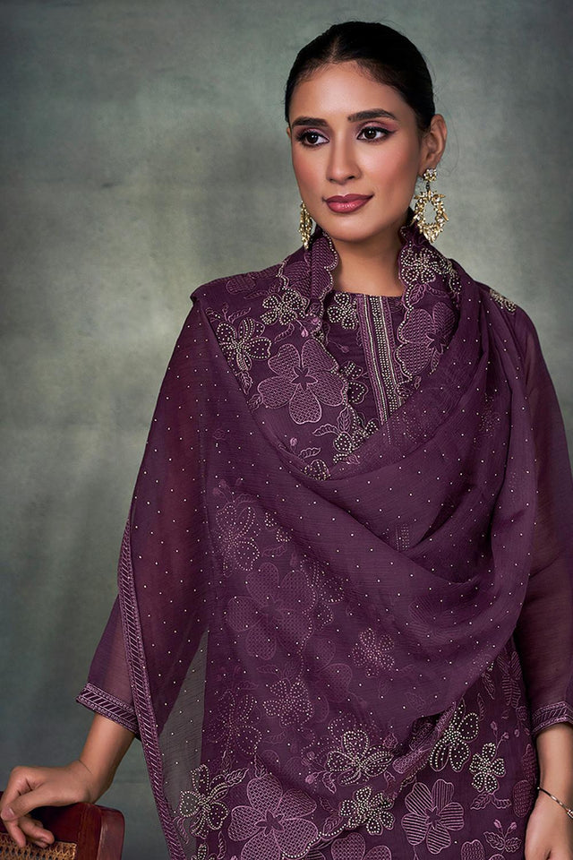 Purple Floral Embroidered Chiffon Kurti Pant Set