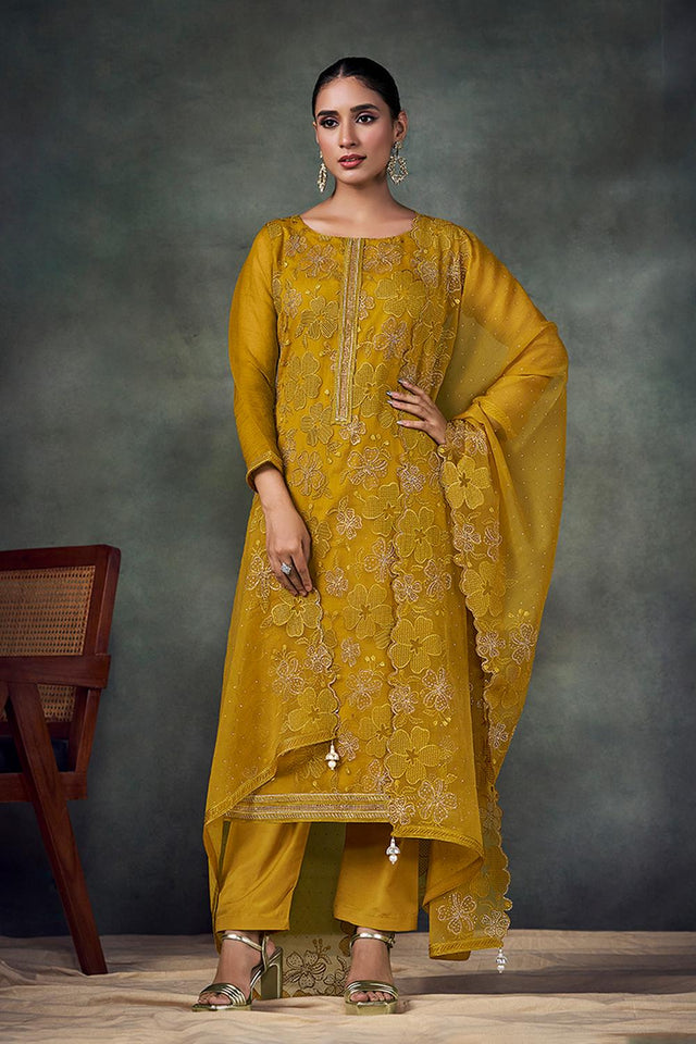Mustard Floral Embroidered Chiffon Kurti Pant Set