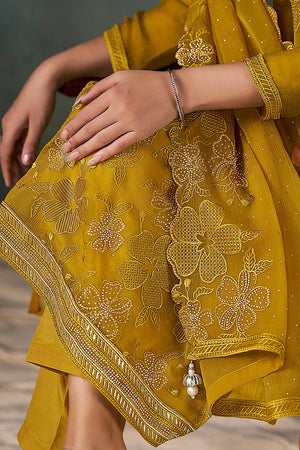 Mustard Floral Embroidered Chiffon Kurti Pant Set