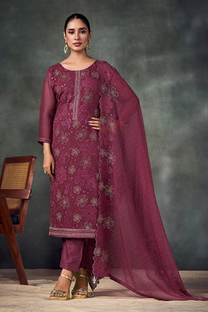 Maroon Floral Embroidered Chiffon Kurti Pant Set