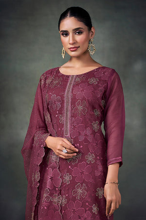 Maroon Floral Embroidered Chiffon Kurti Pant Set
